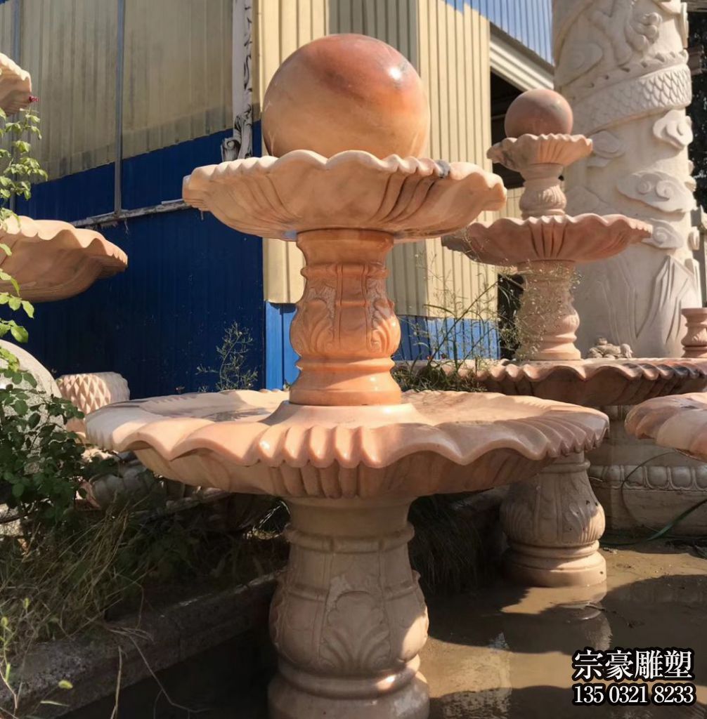 晚霞紅雙層風水球石雕水缽